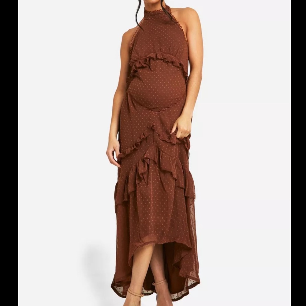 MATERNITY DOBBY HALTER MAXI DRESS